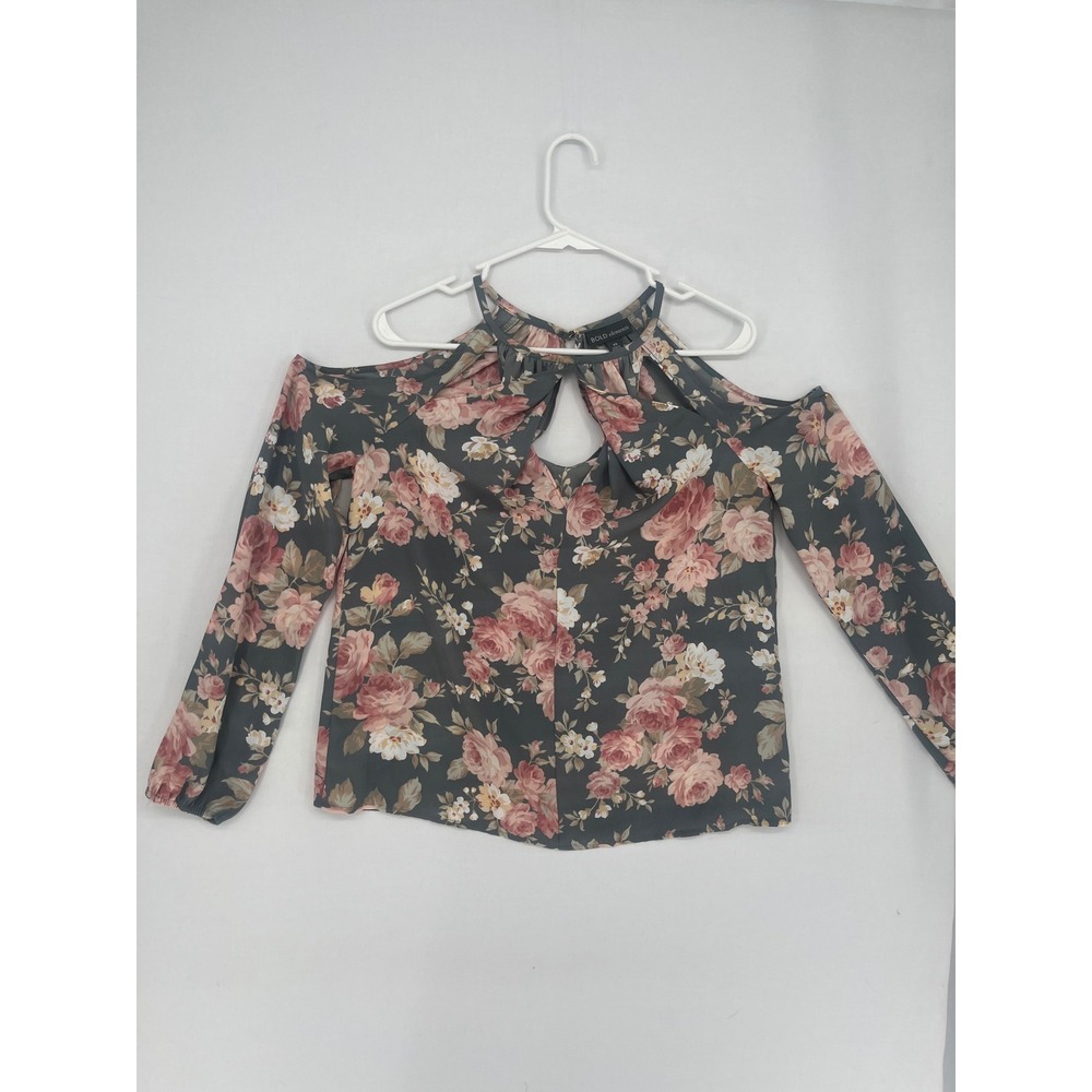 Bold Elements Floral Cold Shoulder Blouse Gray Pink Rose Keyhole Top XS